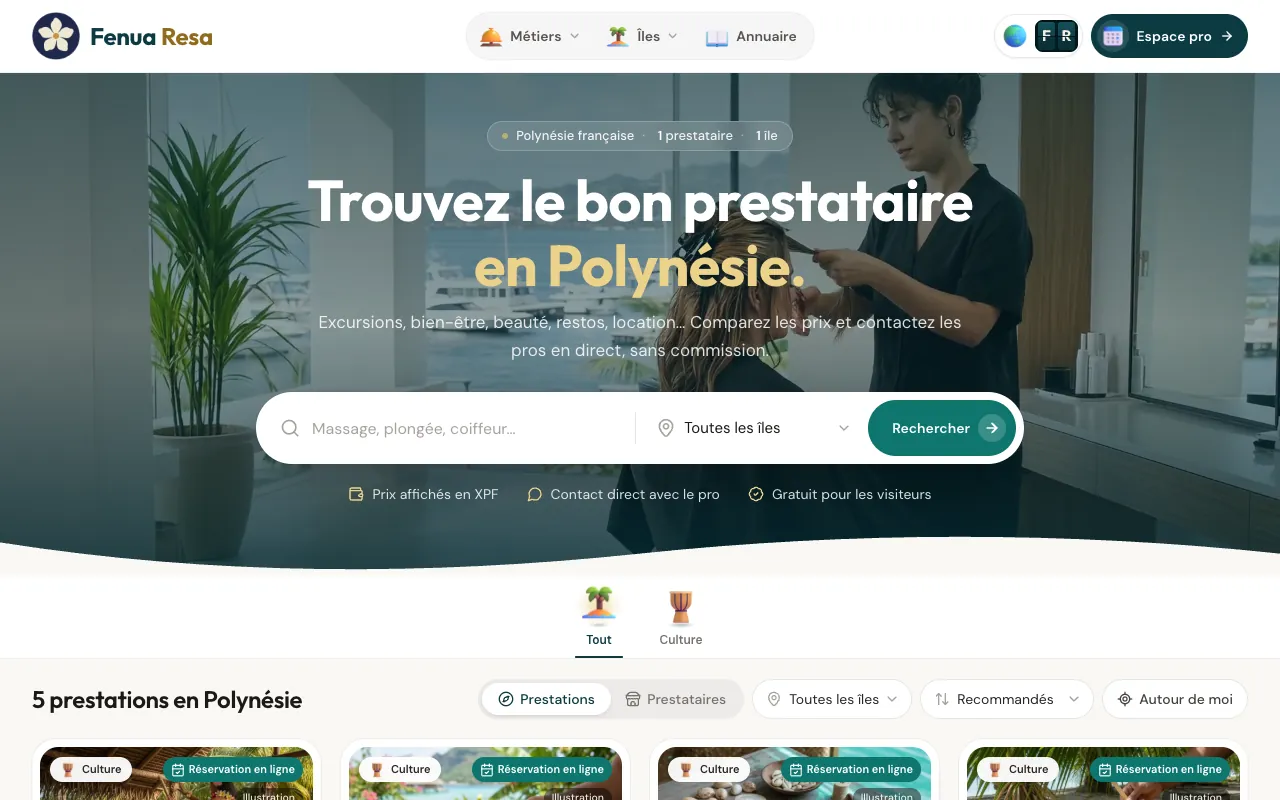 Site Fenua Resa — annuaire des prestataires et réservation en ligne en Polynésie française
